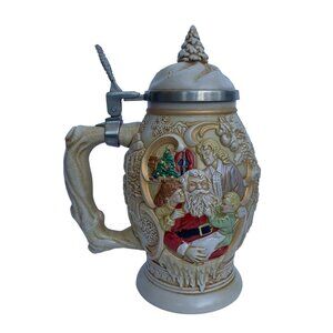Avon Father Christmas Stein 1994 Ceramic With Santa Claus Relief & Hinged Pewter